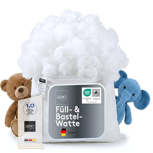 LILENO HOME Füllwatte 1kg im praktischen Vlies Beutel - Füllmaterial u. Füllwatte für Kuscheltiere, Kissen, Basteln - Kissen Füllung waschbar bis 95 °C - perfekt als Watte o. Bastelwatte